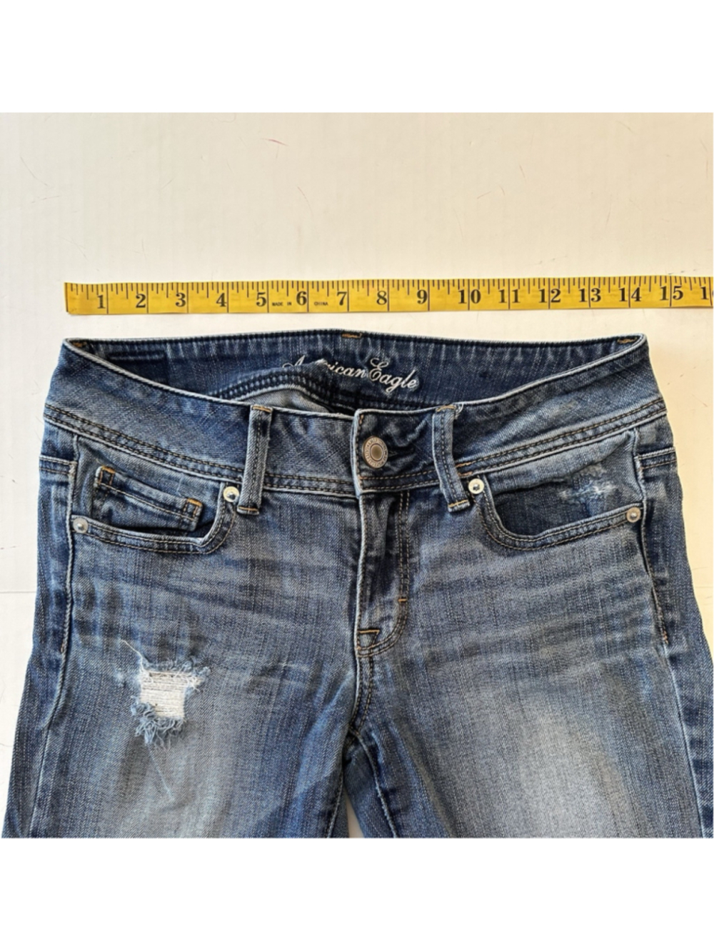 American Eagle Bootcut Jeans Low Rise Women 4 Blue Stretch Distressed Destructed - Picture 10 of 16